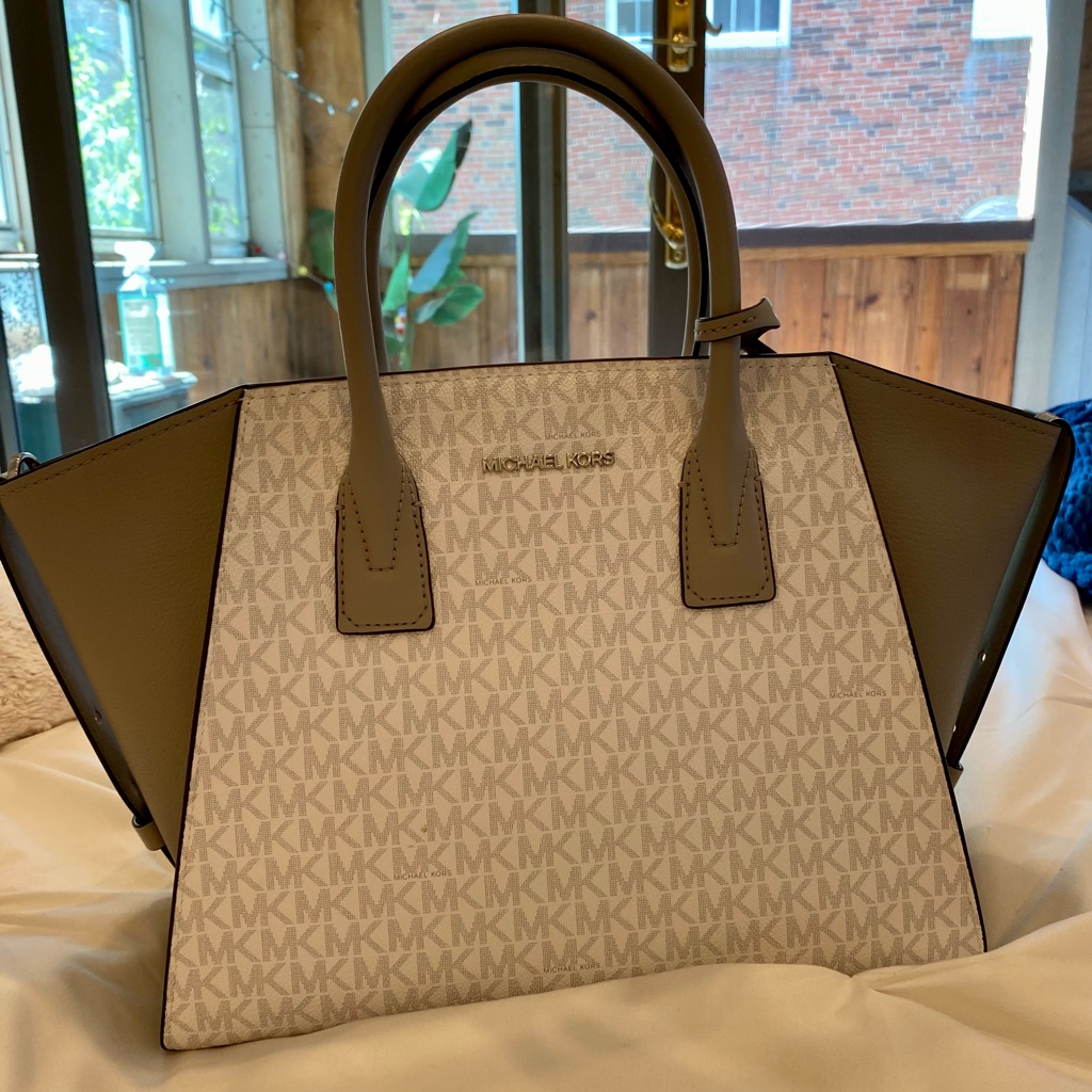 New Michael Kors Avril Large Top Zip Satchel Shoulder Bag Mk White Gray
